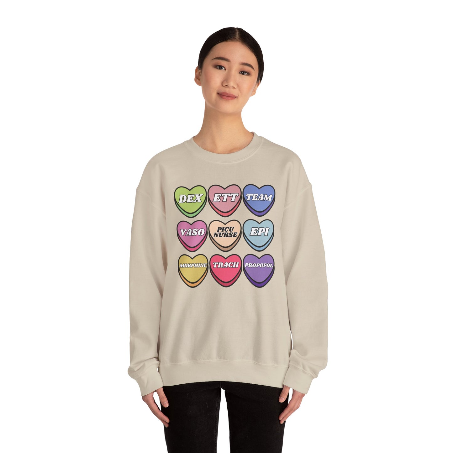 PICU Nurse Valentine’s Day Sweatshirt, Cute Candy Heart PICU Sayings, match your coworkers this Valentine’s Day