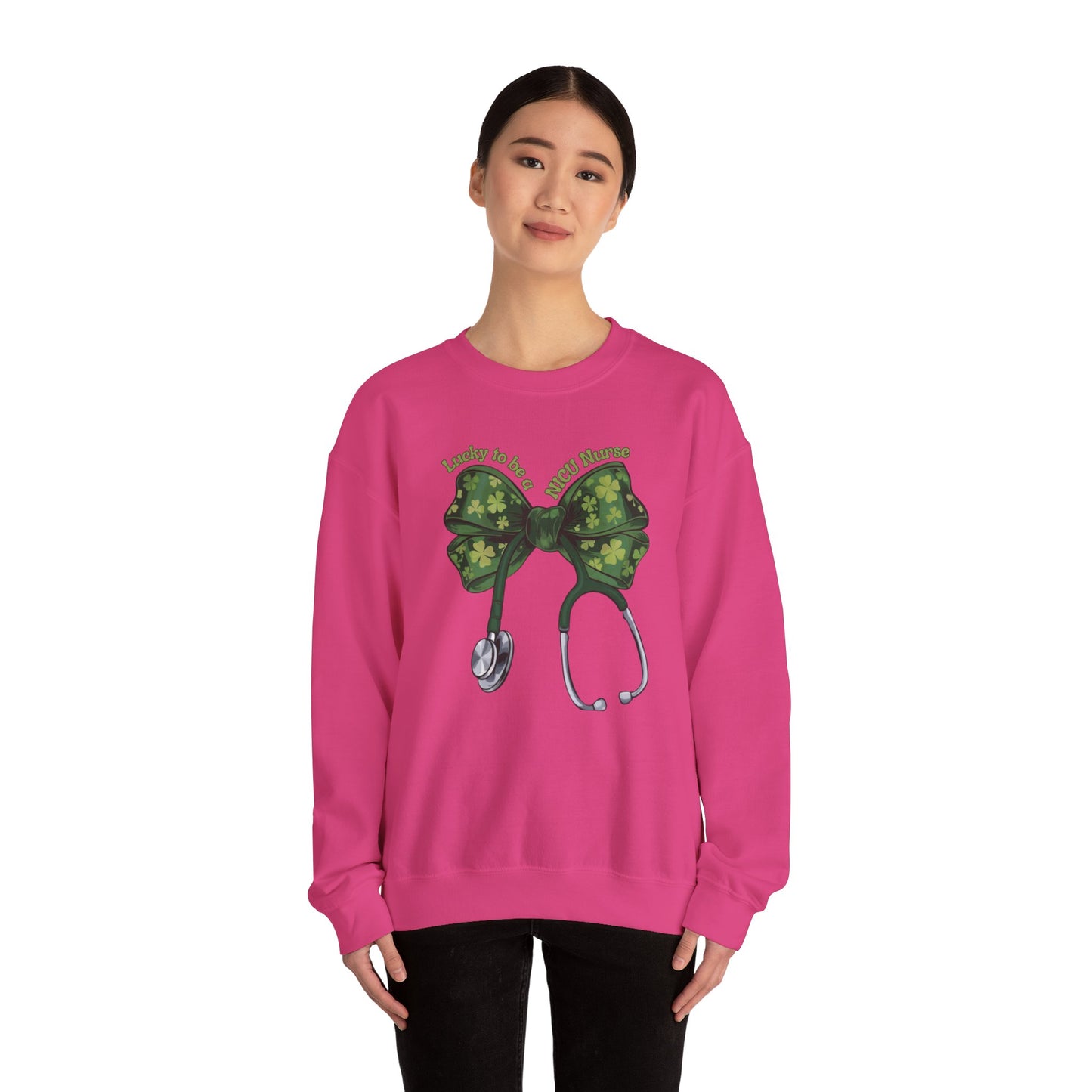 Lucky to be a PICU Nurse St. Patricks Day Sweatshirt Coquette Bow Stethoscope, RN sweatershirt, ER Nurse, NICU Nurse, PICU nurse, clover, lucky nurse sweatshirt.
