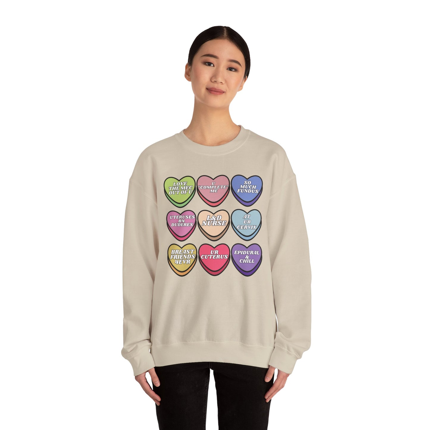 L&D Nurse Valentine’s Day Candy Heart Sweatshirt, funny Labor and Delivery sayings, match your coworkers this Valentine’s Day