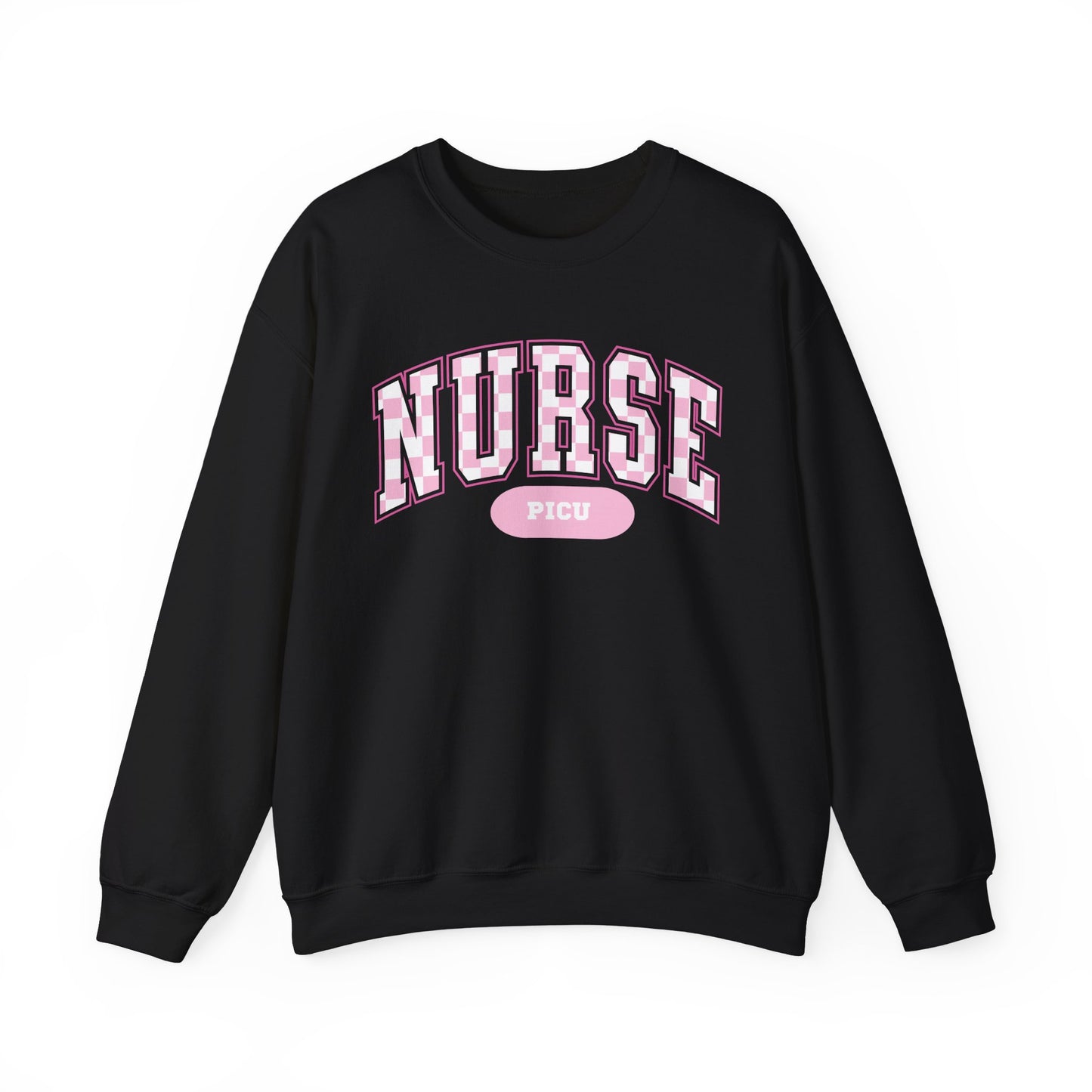 Retro Checkered PICU Varsity Letter Nurse Sweatshirt, Comfy Gildan Sweatshirt