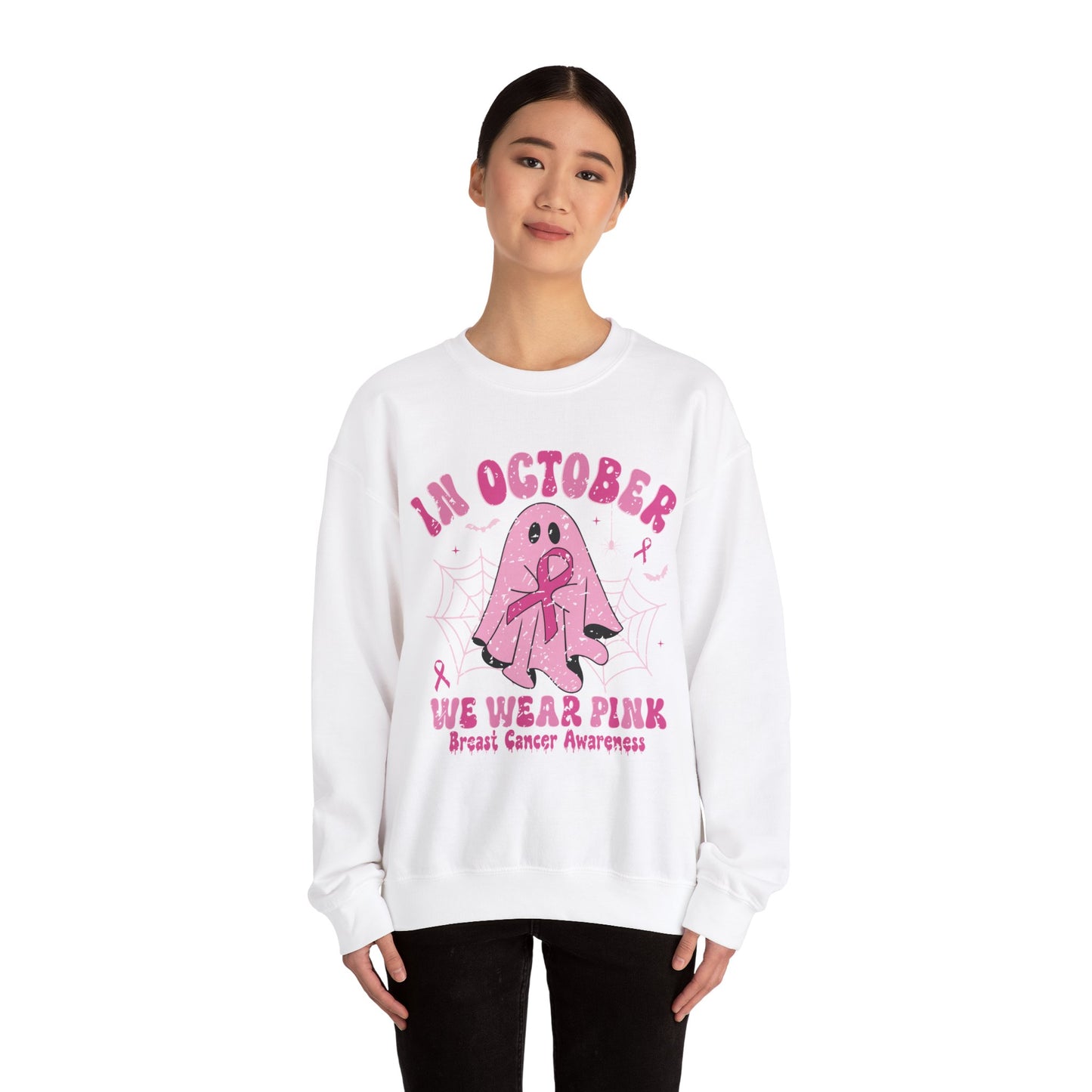 Cute Breast Cancer Awareness Ghost Sweatshirt, In October We Wear Pink, cozy sweatshirt to support breast cancer