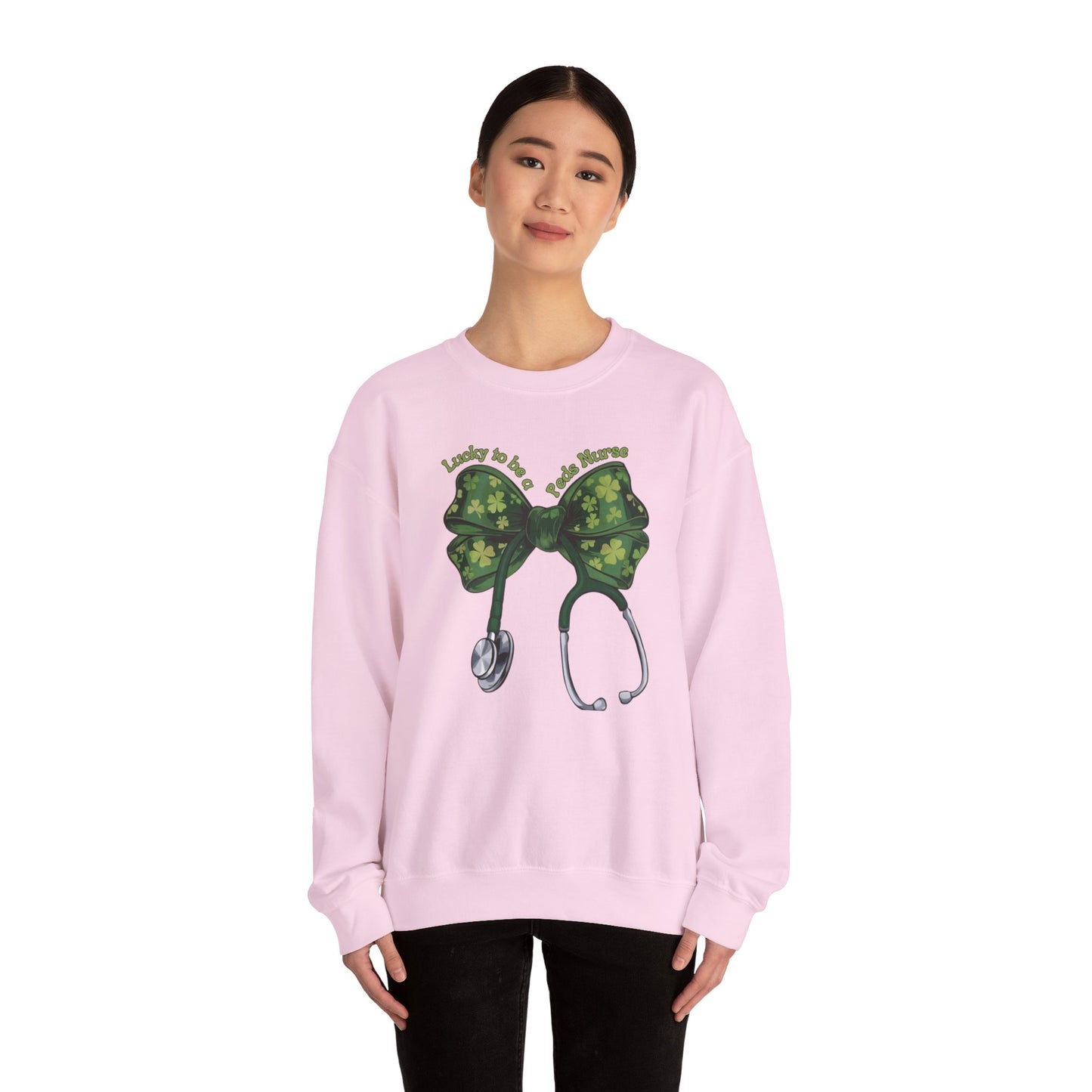 Lucky to be a Peds Nurse St. Patricks Day Sweatshirt Coquette Bow Stethoscope, RN sweatershirt, ER Nurse, NICU Nurse, PICU nurse, clover, lucky nurse sweatshirt.