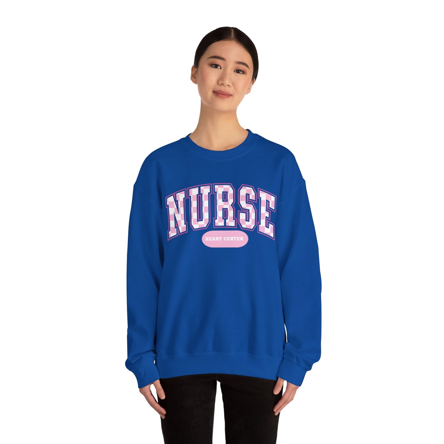 Retro Checkered Heart Center Varsity Letter Nurse Sweatshirt, Comfy Gildan Sweatshirt