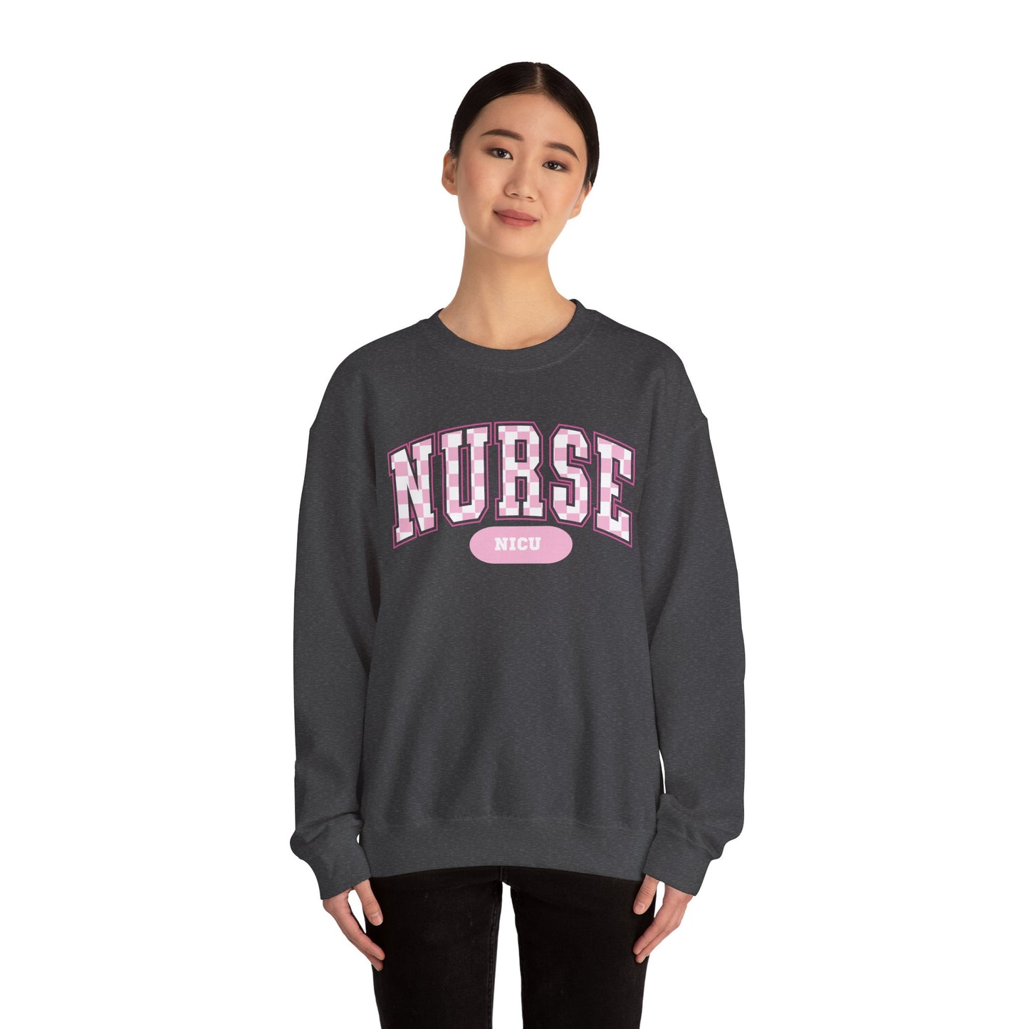 Retro Checkered NICU Nurse Varsity Letter Nurse Sweatshirt, Gildan Comfy Sweatshirt