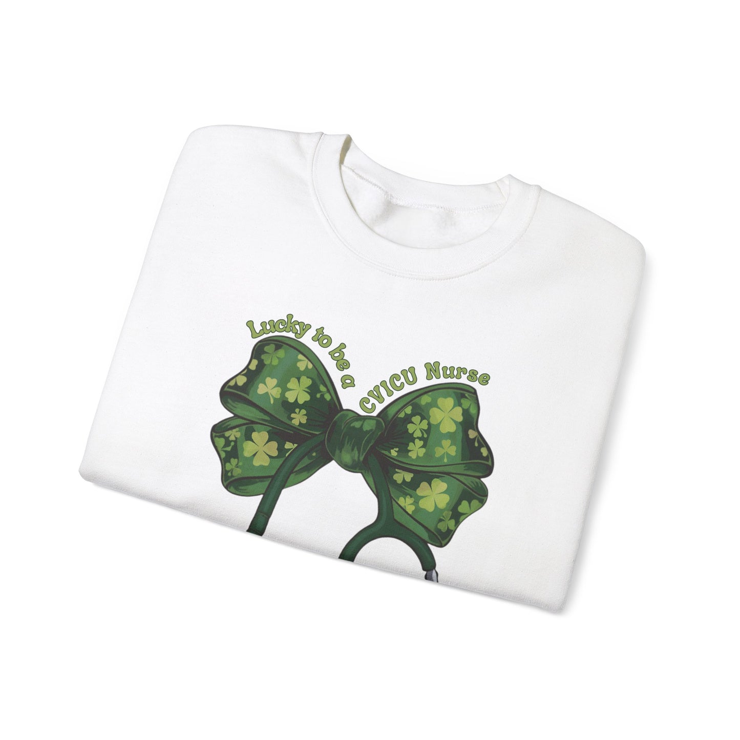 Lucky to be a Heart Center CVICU Nurse St. Patricks Day Sweatshirt Coquette Bow Stethoscope, RN sweatershirt, ER Nurse, NICU Nurse, PICU nurse, clover, lucky nurse sweatshirt.