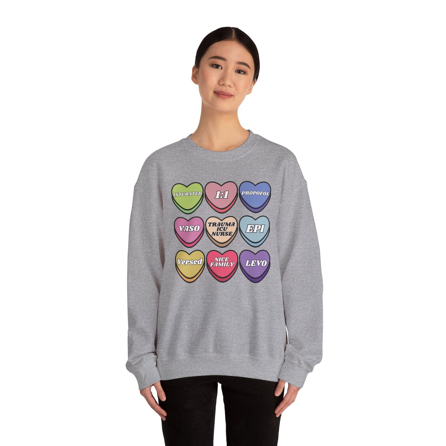 Funny Trauma ICU Nurse Valentine’s Day Sweatshirt, Cute Candy Heart NICU Sayings, match your coworkers this Valentine’s Day