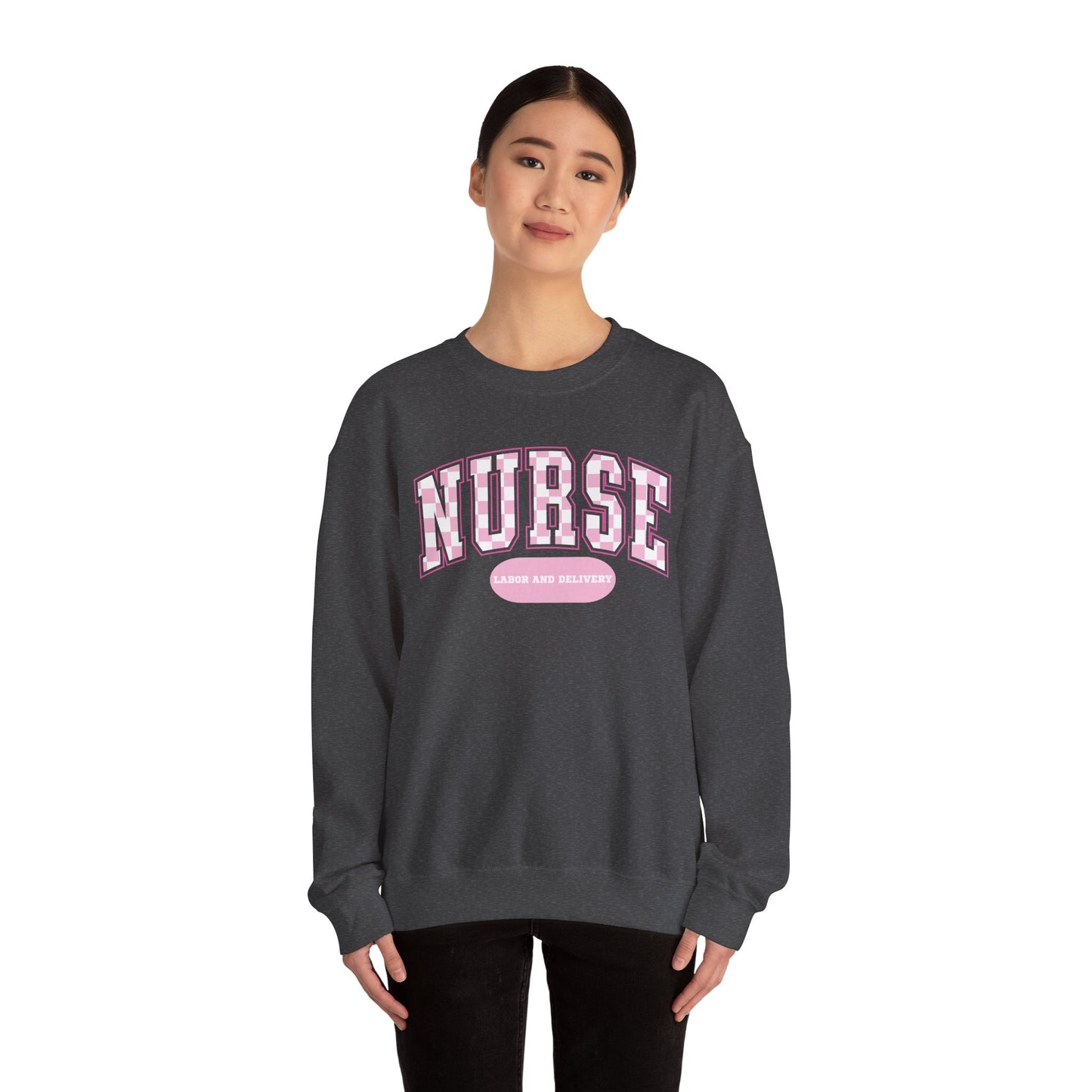 Retro Checkered Labor and Delivery Varsity Letter Nurse Sweatshirt, Comfy Gildan Sweatshirt