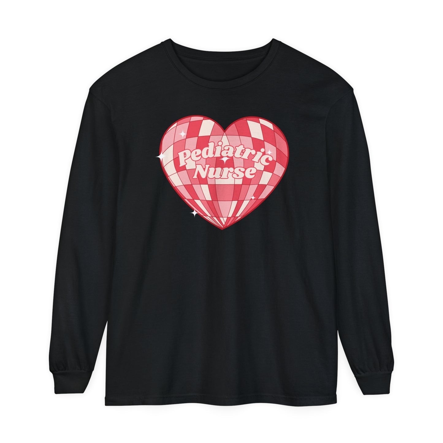 Pediatric Nurse Valentines Day Long sleeve, retro heart, comfort colors long sleeve.