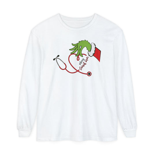 Merry Grinchmas, Santa Christmas sweater, comfort colors long sleeve, gift for any nurse this Holiday Season