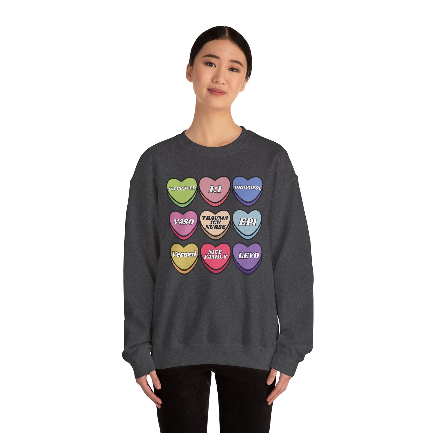 Funny Trauma ICU Nurse Valentine’s Day Sweatshirt, Cute Candy Heart NICU Sayings, match your coworkers this Valentine’s Day