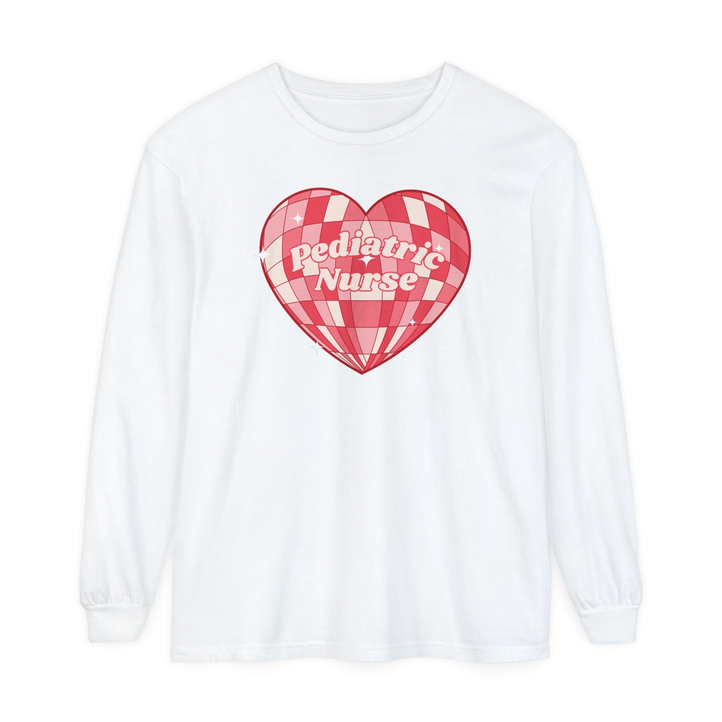 Pediatric Nurse Valentines Day Long sleeve, retro heart, comfort colors long sleeve.