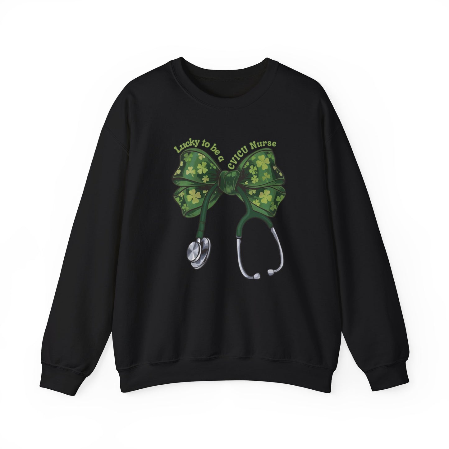 Lucky to be a Heart Center CVICU Nurse St. Patricks Day Sweatshirt Coquette Bow Stethoscope, RN sweatershirt, ER Nurse, NICU Nurse, PICU nurse, clover, lucky nurse sweatshirt.