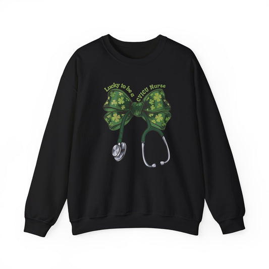 Lucky to be a Heart Center CVICU Nurse St. Patricks Day Sweatshirt Coquette Bow Stethoscope, RN sweatershirt, ER Nurse, NICU Nurse, PICU nurse, clover, lucky nurse sweatshirt.