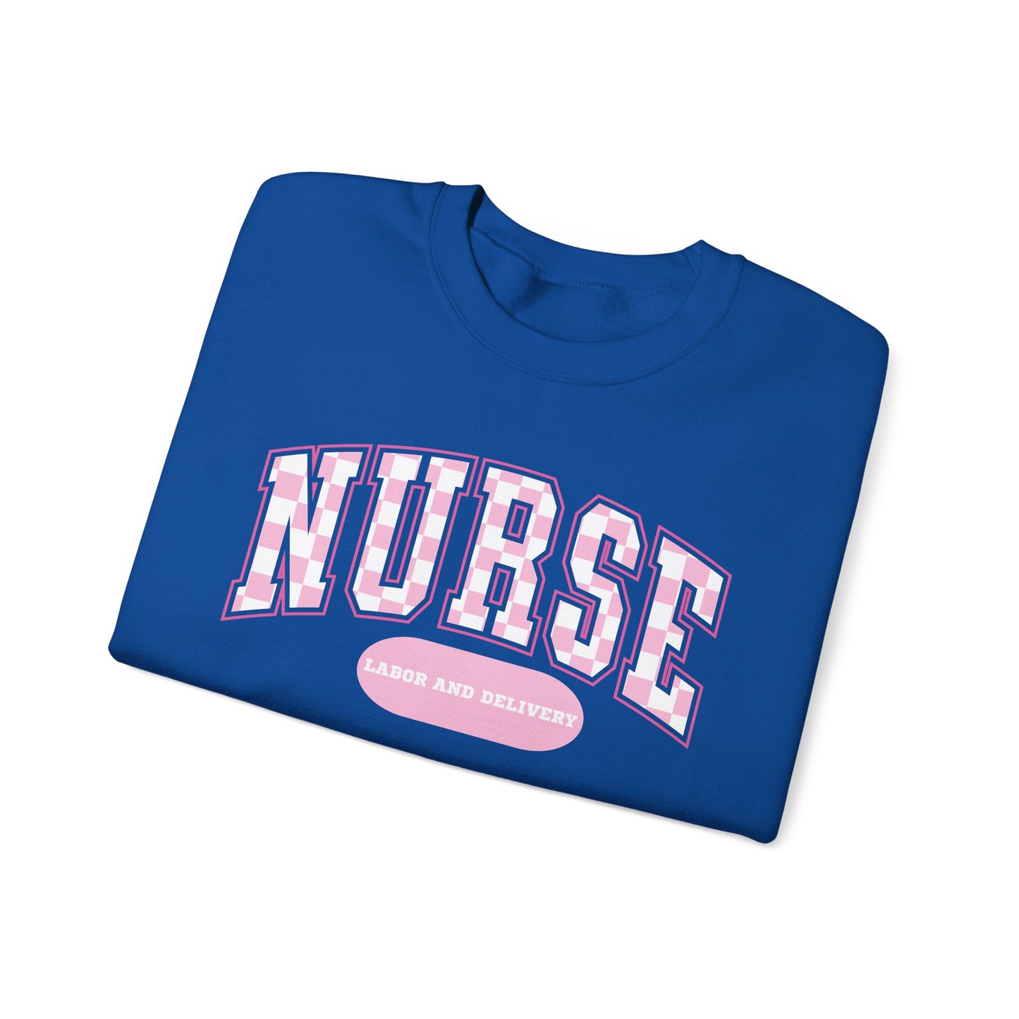 Retro Checkered Labor and Delivery Varsity Letter Nurse Sweatshirt, Comfy Gildan Sweatshirt