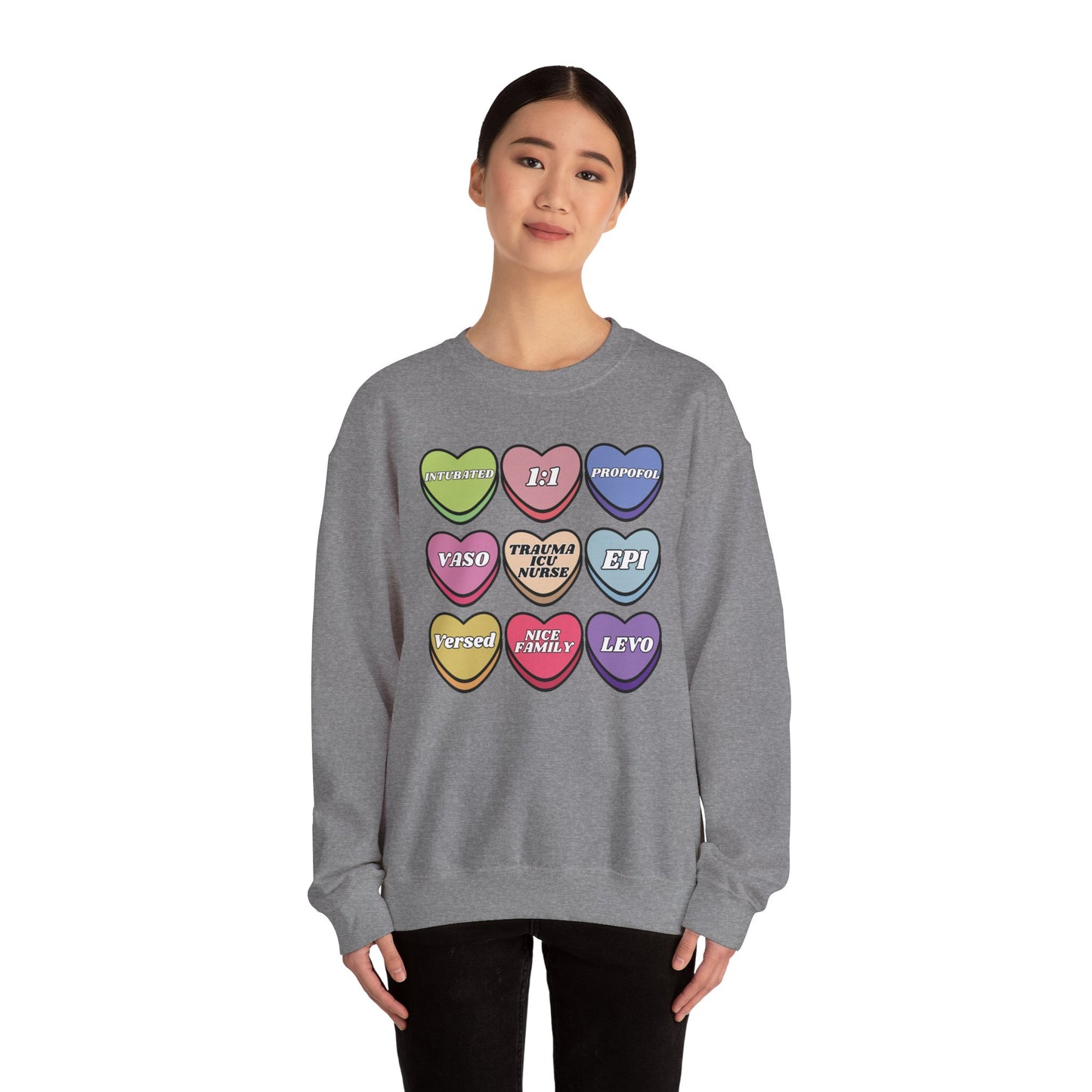 Funny Trauma ICU Nurse Valentine’s Day Sweatshirt, Cute Candy Heart NICU Sayings, match your coworkers this Valentine’s Day