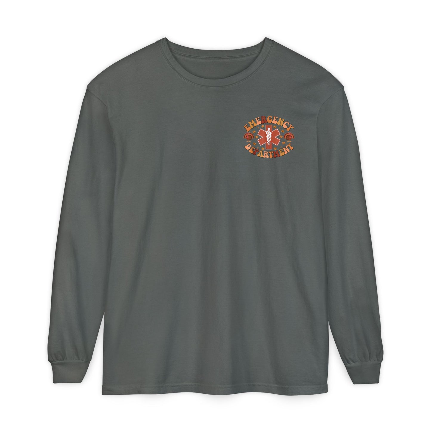 Turkey front ED sign, thanksgiving theme ED Nurse longsleeve , pediatric nurse shirt, comfort colors turkey nurse shirt, Peds nurse,fall nurse shirt
