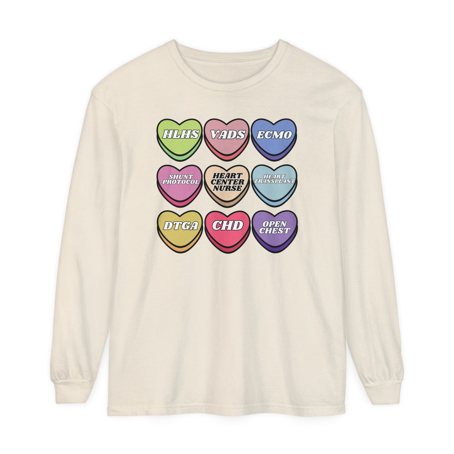 Heart Center Nurse Valentine’s Day comfy comfort colors Long , Cute Candy Heart Sayings, match your coworkers this Valentine’s Day