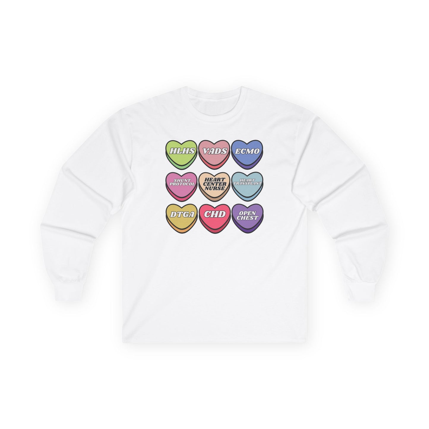 Heart Center Nurse Valentine’s Day Cotton Gildan Long Sleeve , Cute Candy Heart Sayings, match your coworkers this Valentine’s Day