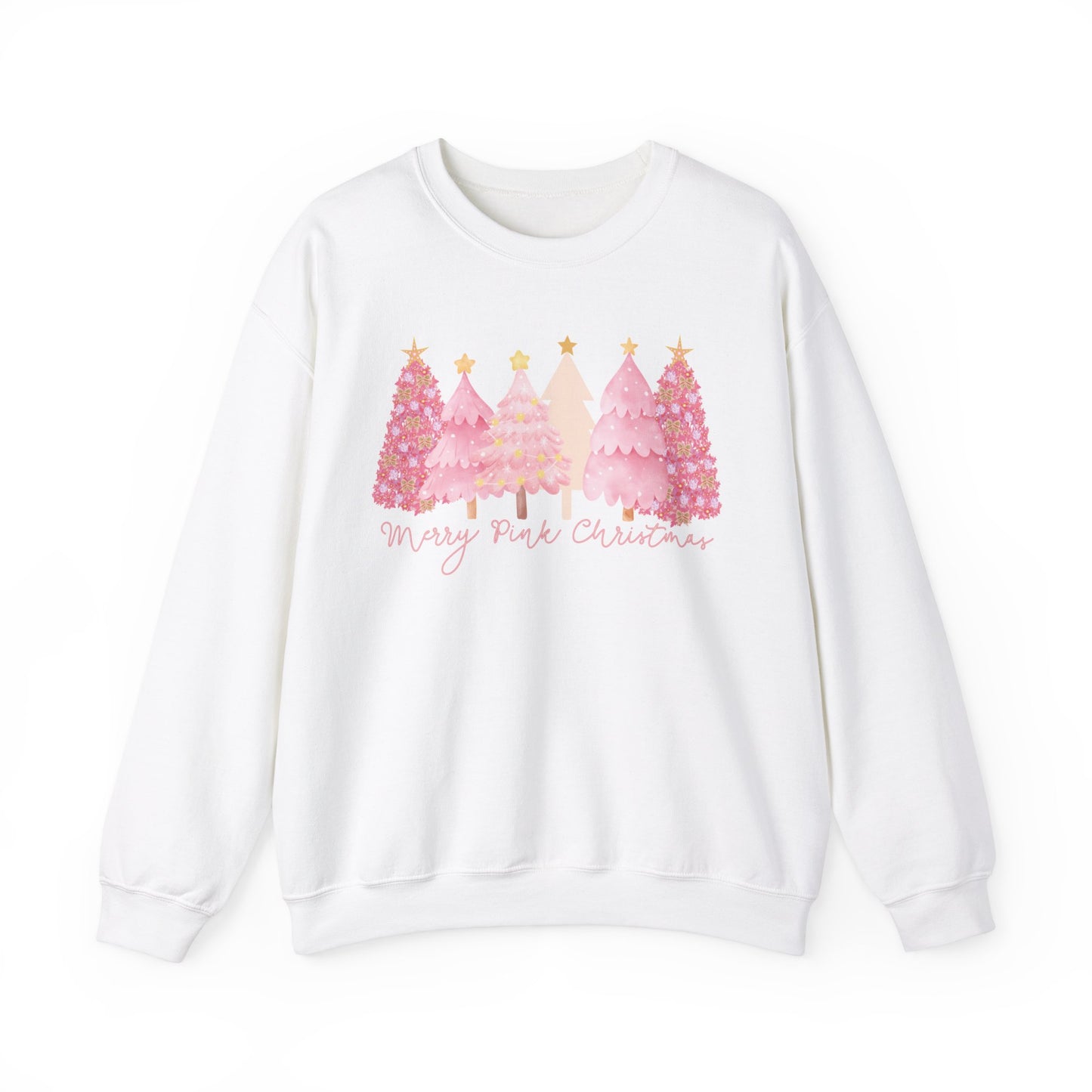 Merry Pink Christmas Sweatshirt, beautiful pink and gold Christmas Trees