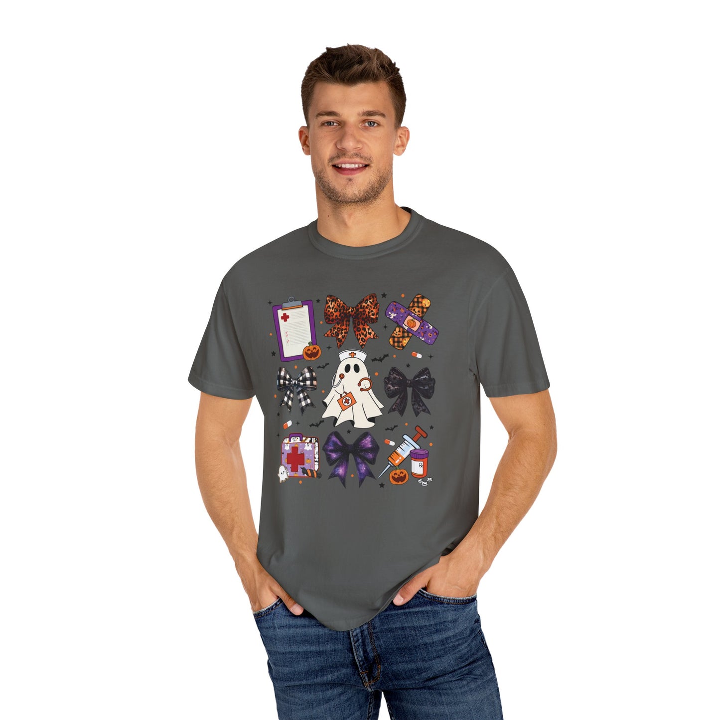 Cute fun coquette Halloween nurse shirt, fall shirt, ghost nurse shirt , emergency nurse, RN Halloween shirt , comfort colors shirt, ER RN, medical shirt