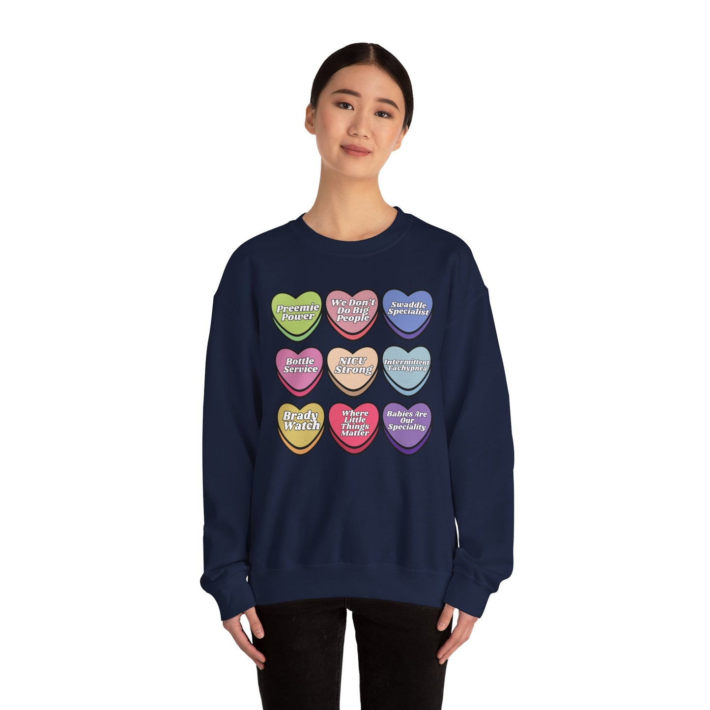 NICU Nurse Valentine’s Day Sweatshirt, Cute Candy Heart NICU Sayings, match your coworkers this Valentine’s Day