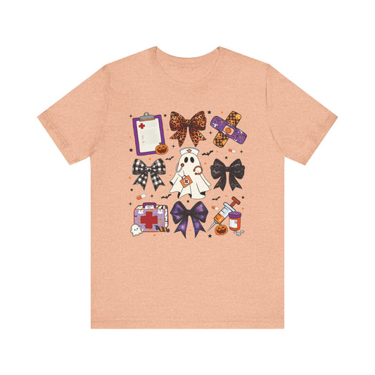 Cute fun coquette Halloween nurse shirt, fall shirt, ghost nurse shirt , emergency nurse, RN Halloween shirt , comfort colors shirt, ER RN, medical shirt
