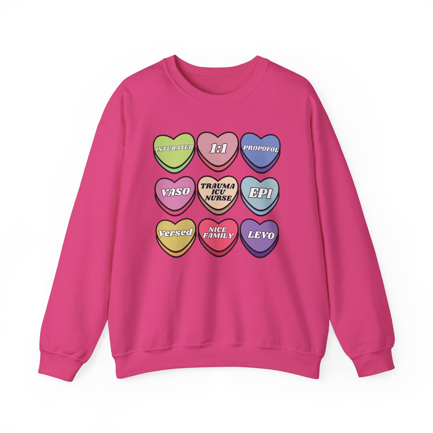 Funny Trauma ICU Nurse Valentine’s Day Sweatshirt, Cute Candy Heart NICU Sayings, match your coworkers this Valentine’s Day