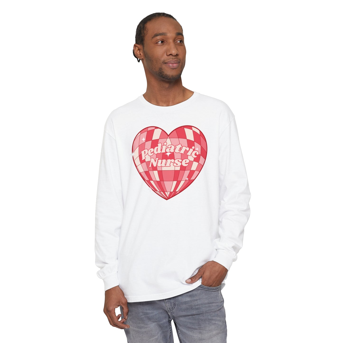 Pediatric Nurse Valentines Day Long sleeve, retro heart, comfort colors long sleeve.