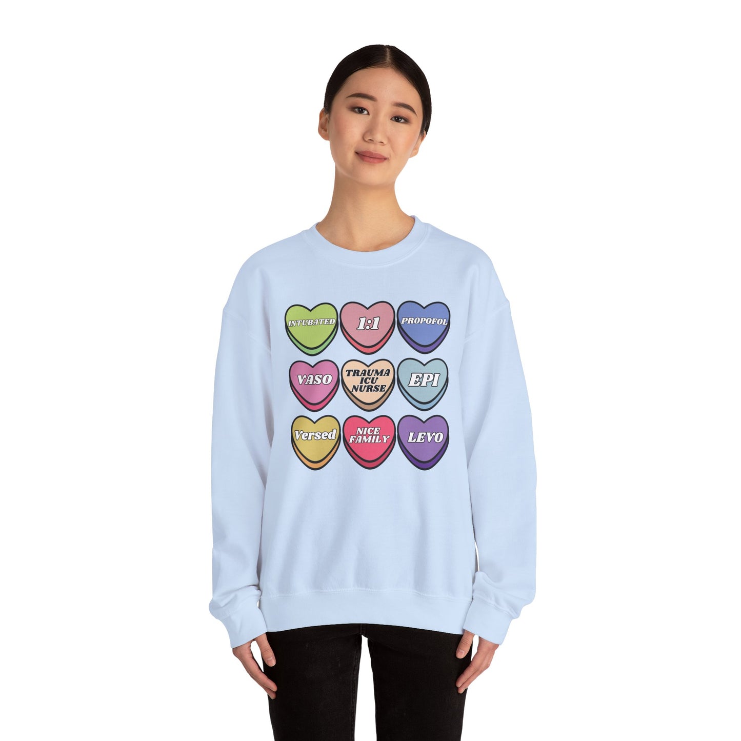 Funny Trauma ICU Nurse Valentine’s Day Sweatshirt, Cute Candy Heart NICU Sayings, match your coworkers this Valentine’s Day