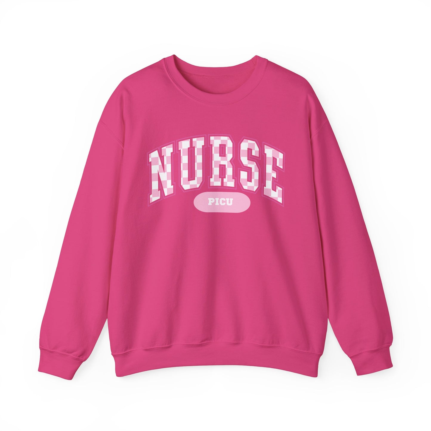 Retro Checkered PICU Varsity Letter Nurse Sweatshirt, Comfy Gildan Sweatshirt