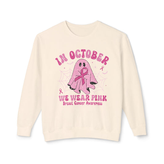 Comfort colors Breast Cancer Awareness Ghost Sweatshirt, In October We Wear Pink, cozy sweatshirt to support breast cancer