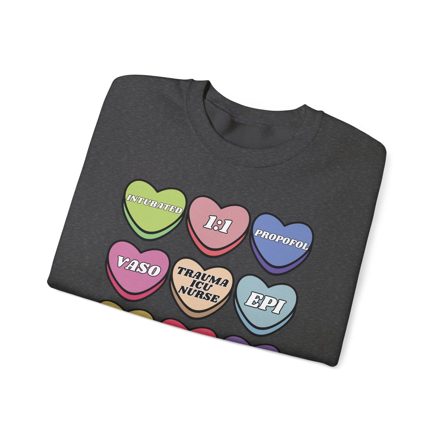 Funny Trauma ICU Nurse Valentine’s Day Sweatshirt, Cute Candy Heart NICU Sayings, match your coworkers this Valentine’s Day