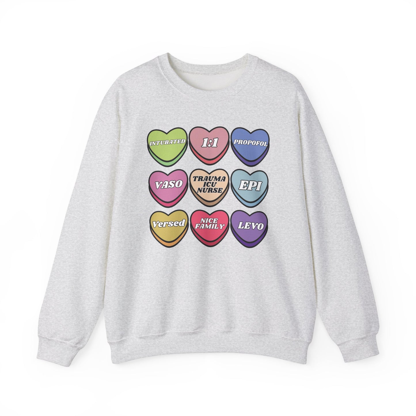 Funny Trauma ICU Nurse Valentine’s Day Sweatshirt, Cute Candy Heart NICU Sayings, match your coworkers this Valentine’s Day