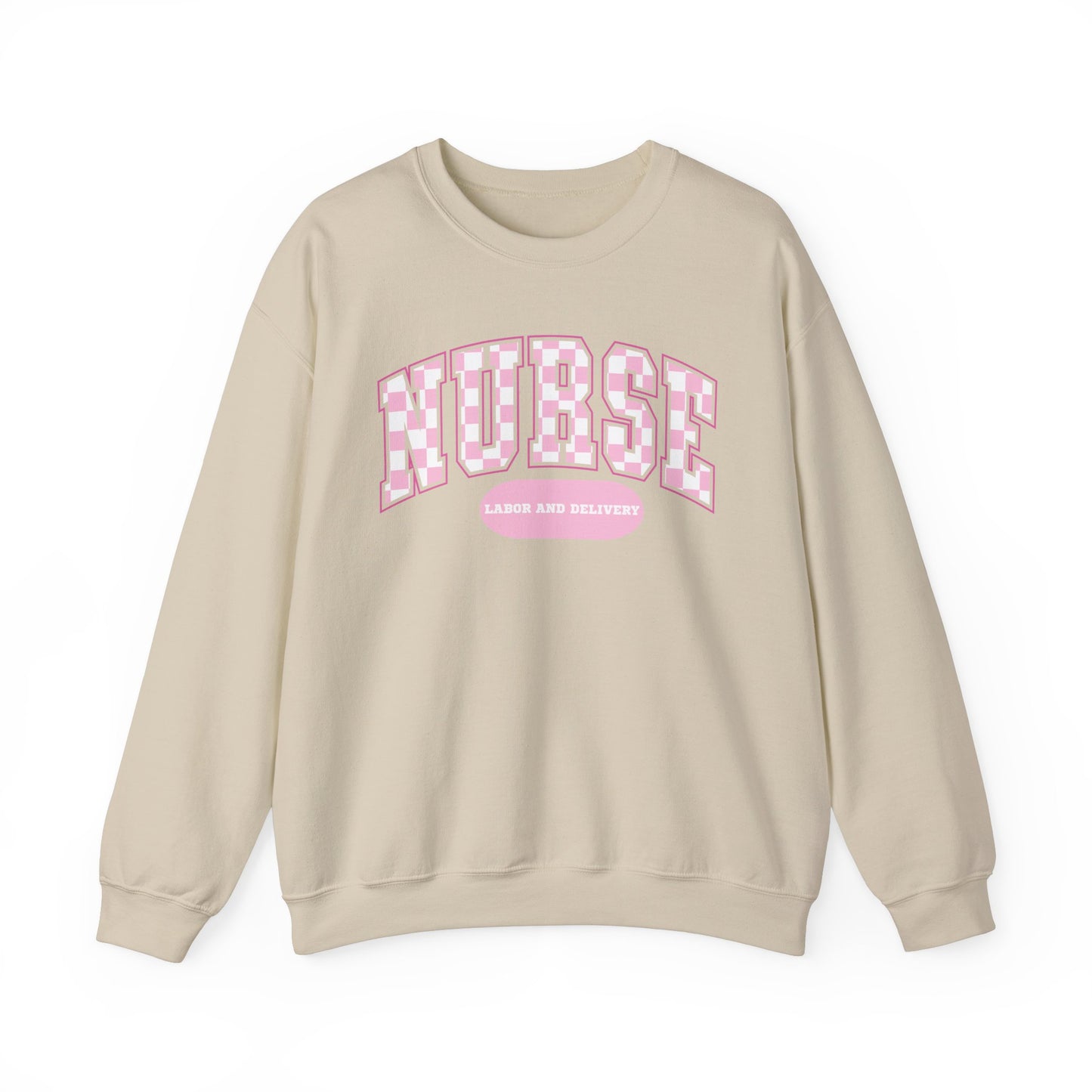 Retro Checkered Labor and Delivery Varsity Letter Nurse Sweatshirt, Comfy Gildan Sweatshirt