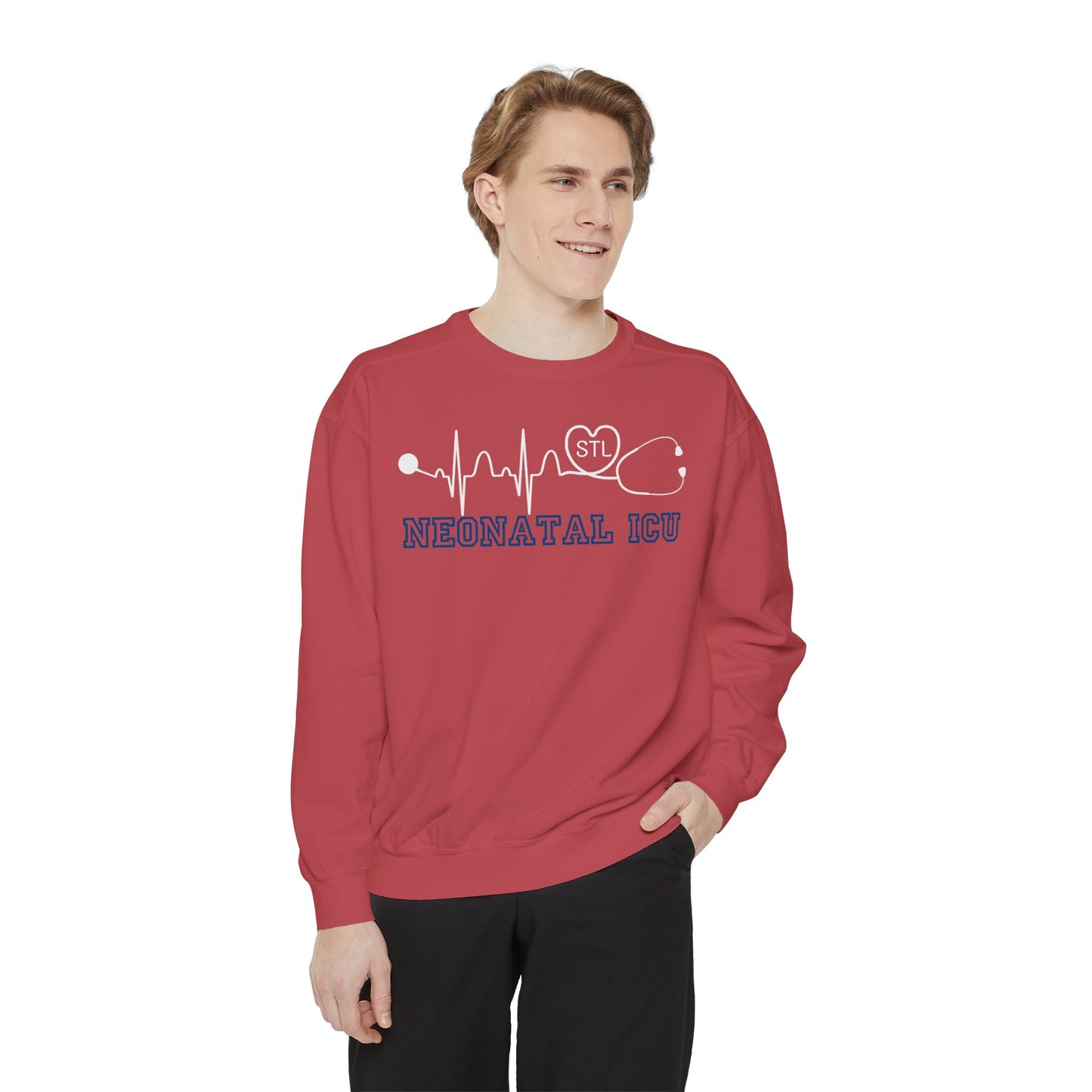 NICU STL EKG Comfort colors sweatshirt, cozy simple varsity letters EKG STL Heart Sweatshirt