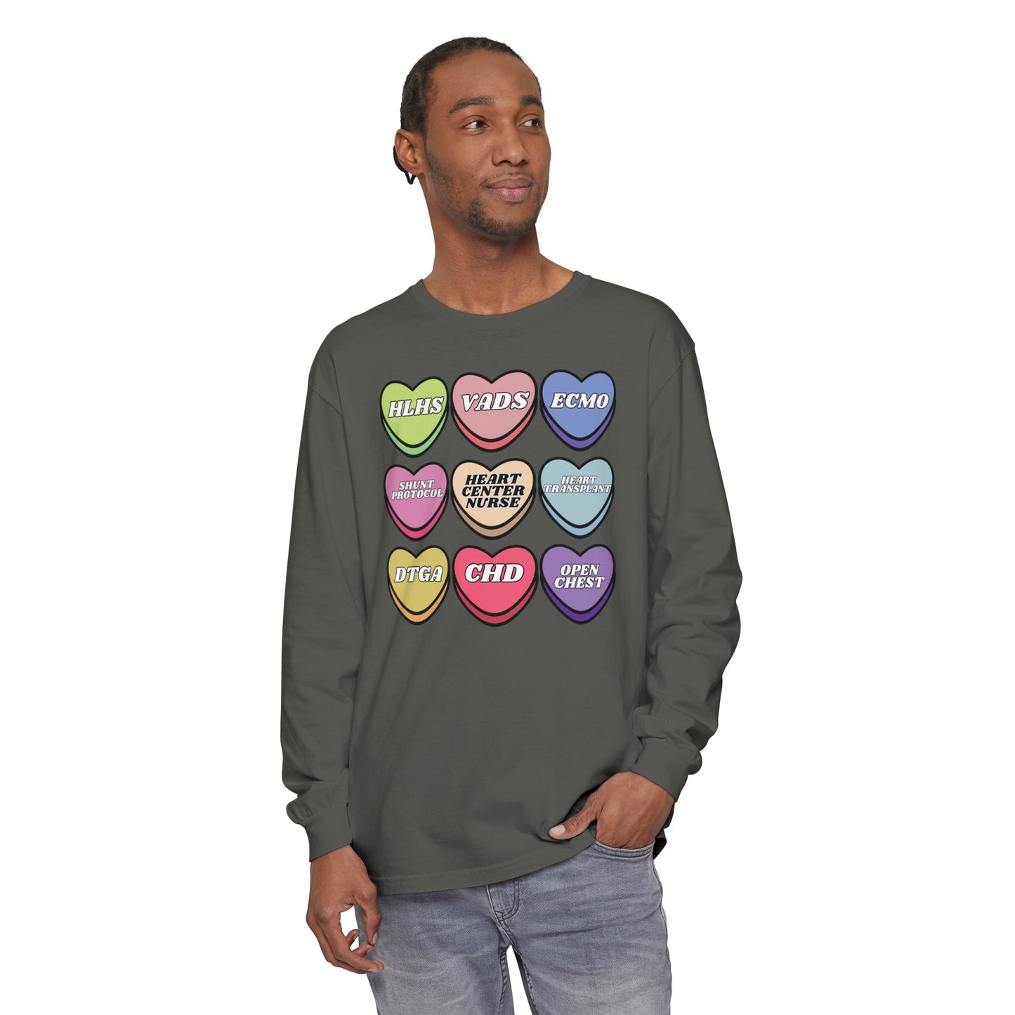 Heart Center Nurse Valentine’s Day comfy comfort colors Long , Cute Candy Heart Sayings, match your coworkers this Valentine’s Day