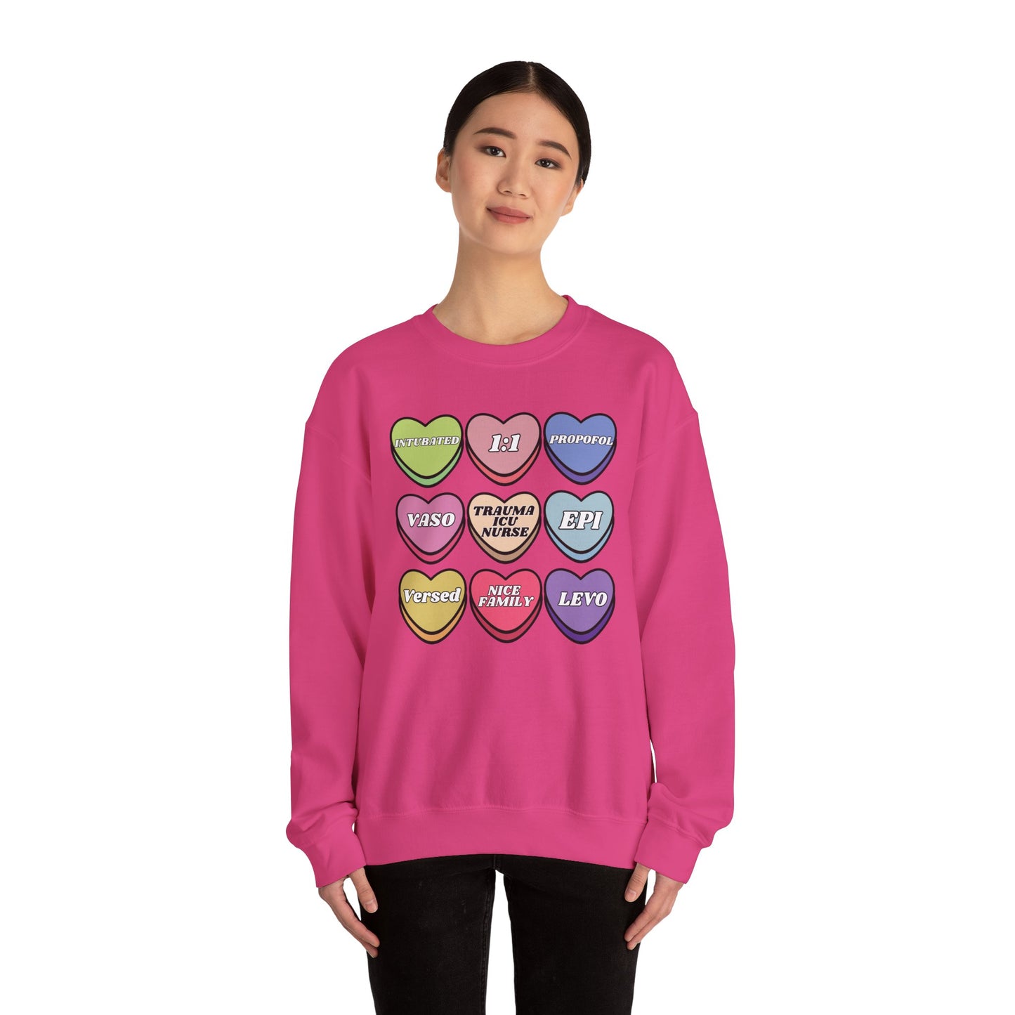Funny Trauma ICU Nurse Valentine’s Day Sweatshirt, Cute Candy Heart NICU Sayings, match your coworkers this Valentine’s Day