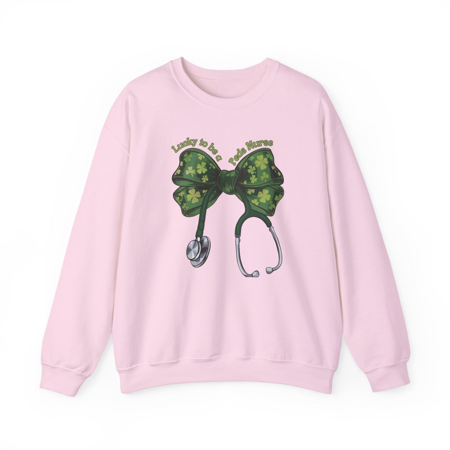 Lucky to be a Peds Nurse St. Patricks Day Sweatshirt Coquette Bow Stethoscope, RN sweatershirt, ER Nurse, NICU Nurse, PICU nurse, clover, lucky nurse sweatshirt.