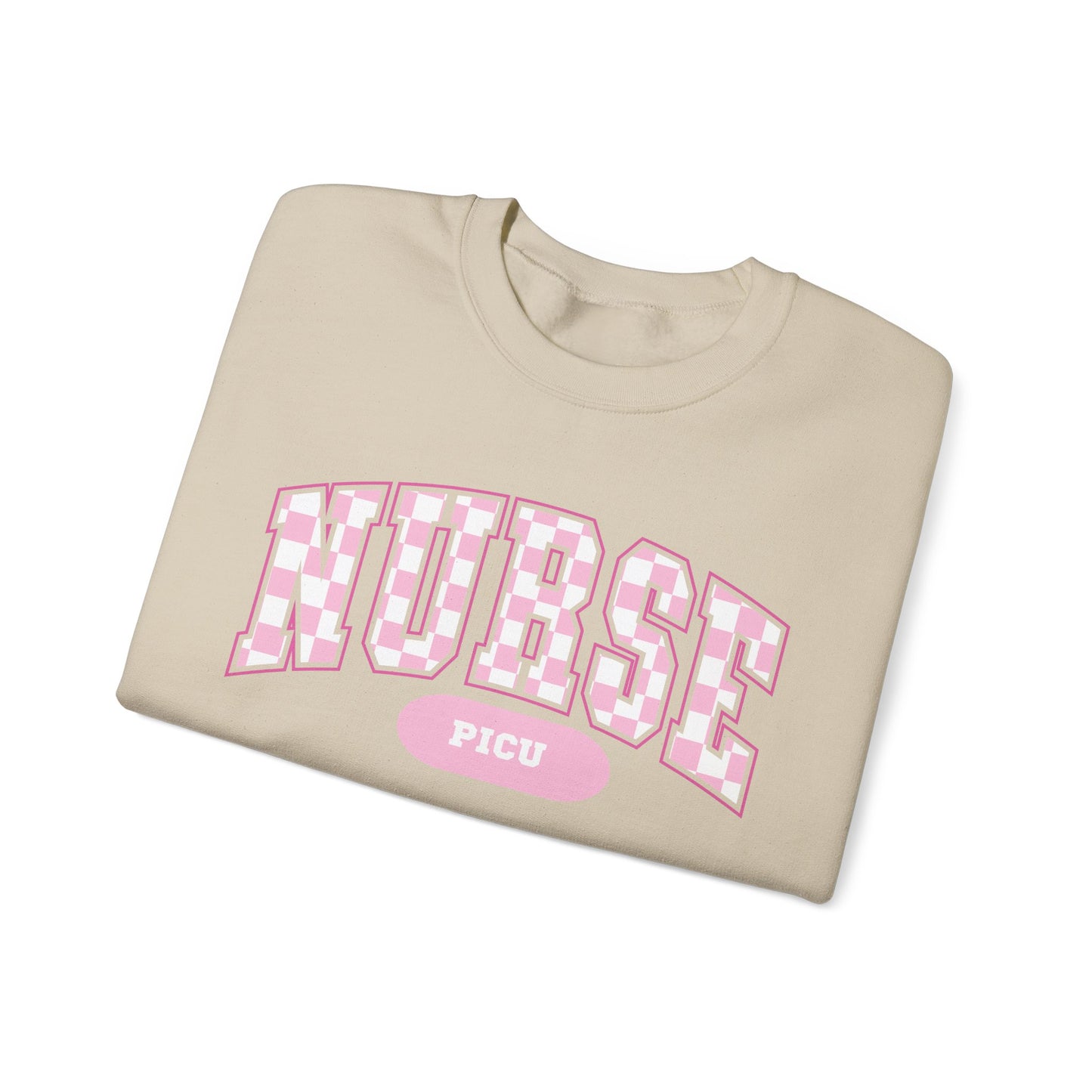 Retro Checkered PICU Varsity Letter Nurse Sweatshirt, Comfy Gildan Sweatshirt