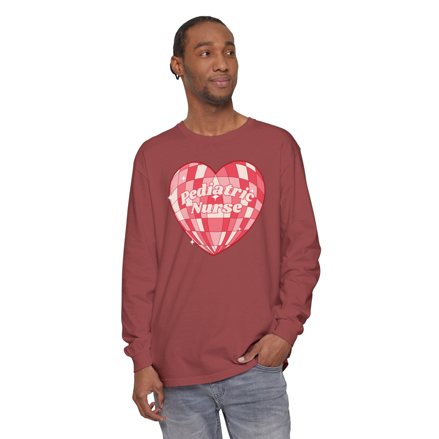 Pediatric Nurse Valentines Day Long sleeve, retro heart, comfort colors long sleeve.