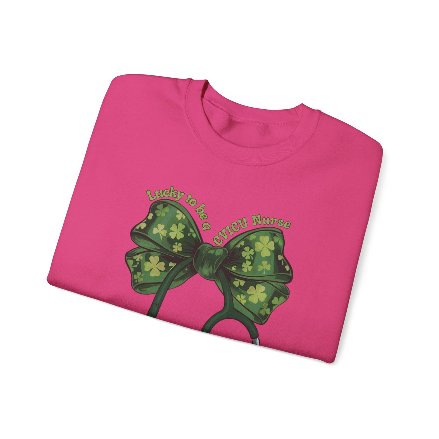 Lucky to be a Heart Center CVICU Nurse St. Patricks Day Sweatshirt Coquette Bow Stethoscope, RN sweatershirt, ER Nurse, NICU Nurse, PICU nurse, clover, lucky nurse sweatshirt.