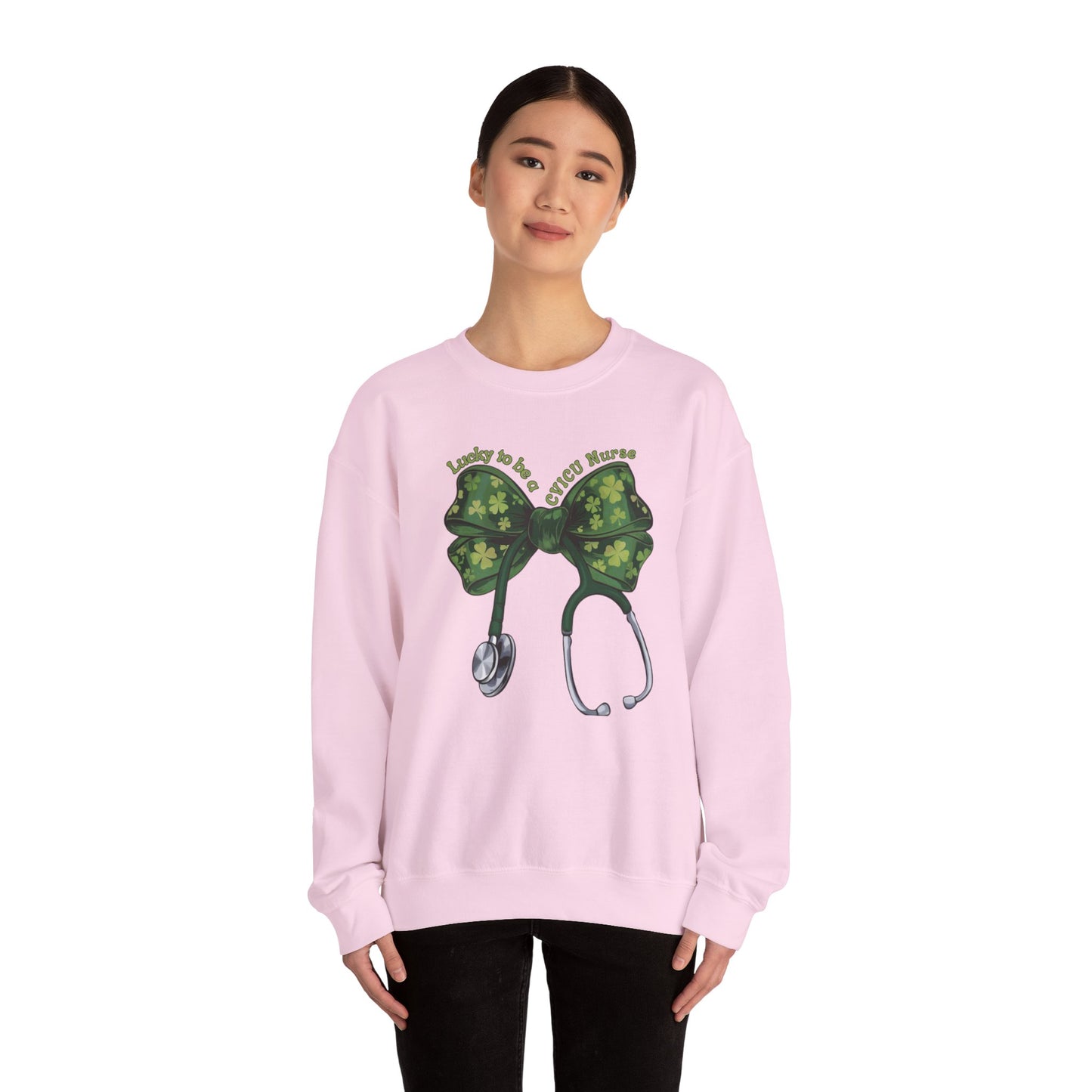 Lucky to be a Heart Center CVICU Nurse St. Patricks Day Sweatshirt Coquette Bow Stethoscope, RN sweatershirt, ER Nurse, NICU Nurse, PICU nurse, clover, lucky nurse sweatshirt.