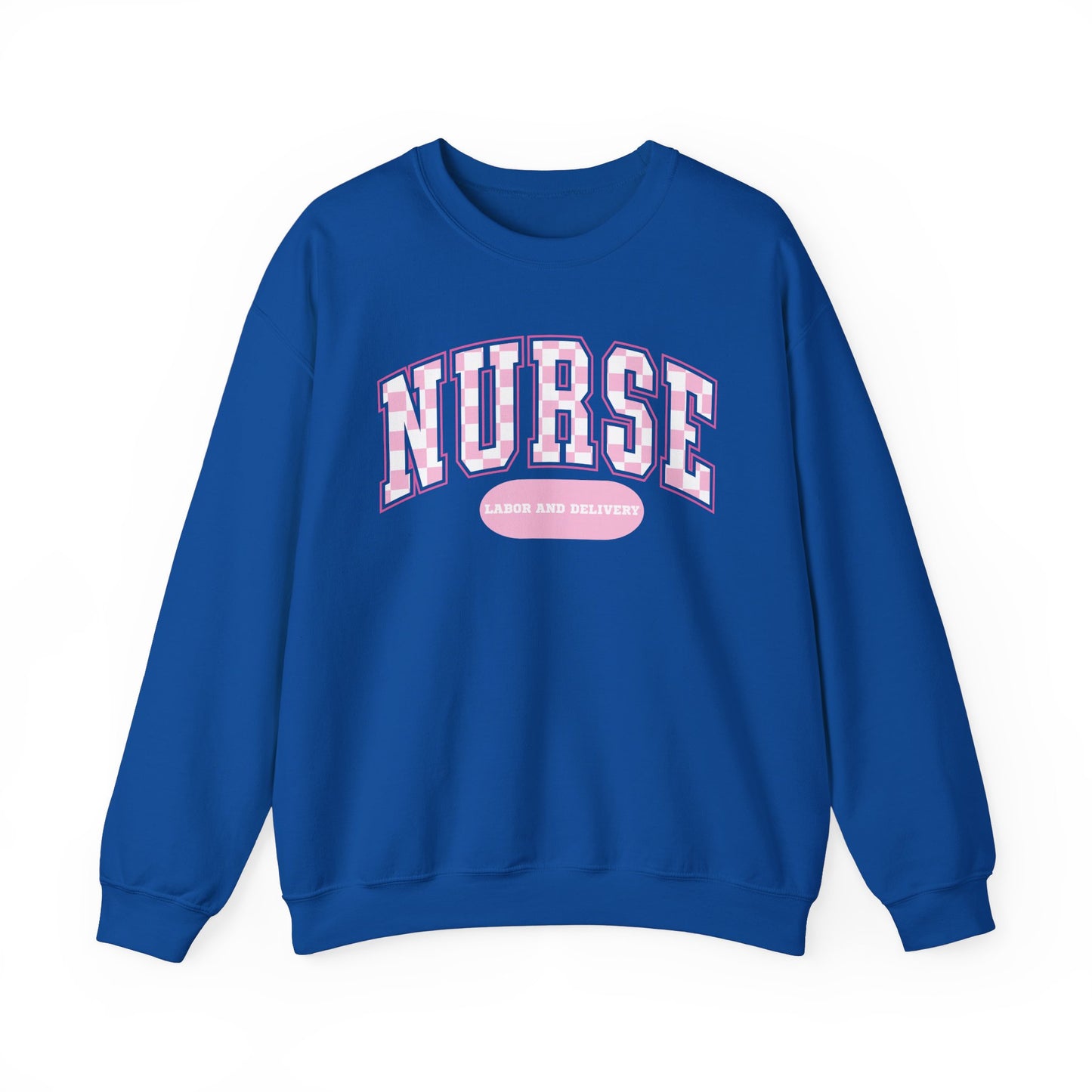 Retro Checkered Labor and Delivery Varsity Letter Nurse Sweatshirt, Comfy Gildan Sweatshirt