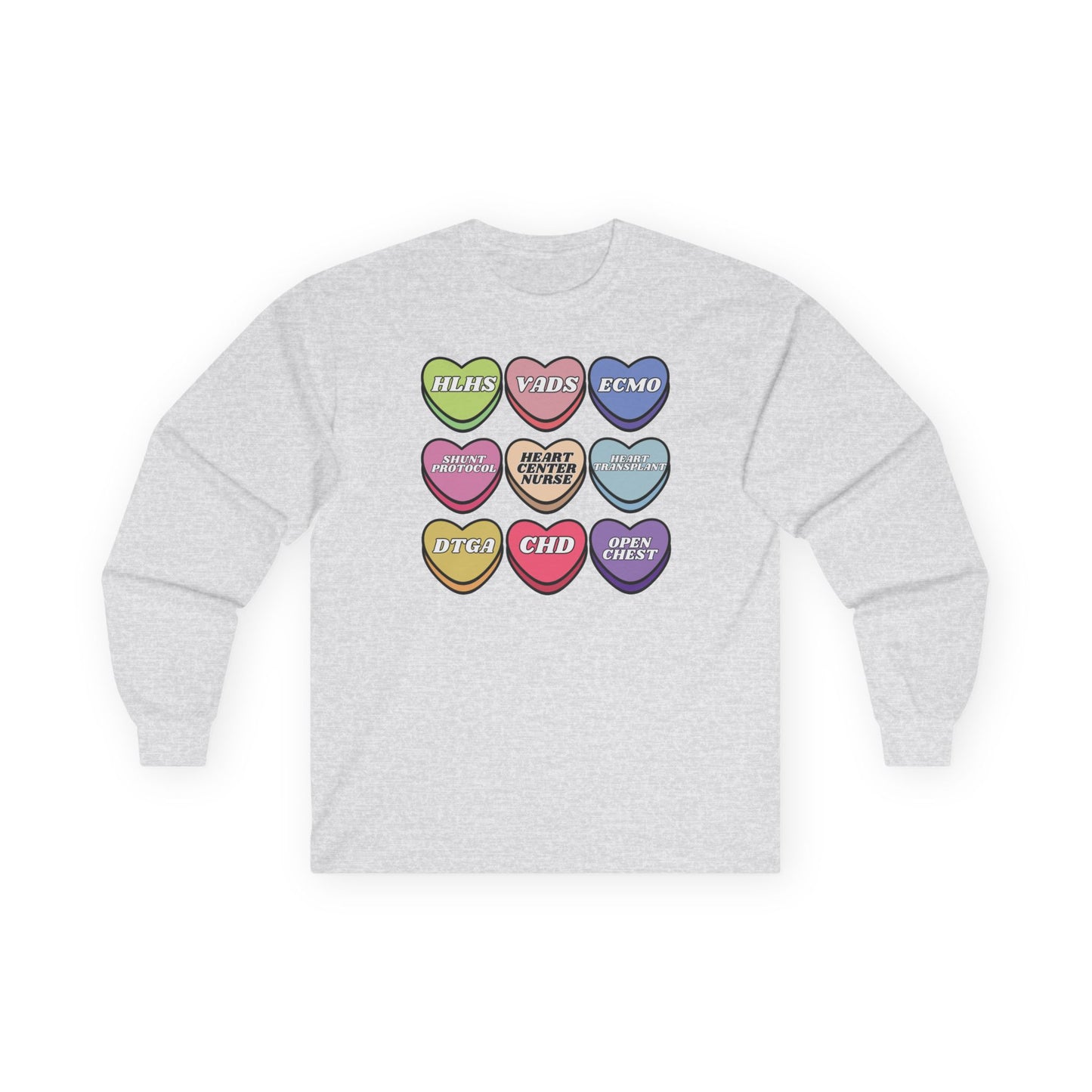 Heart Center Nurse Valentine’s Day Cotton Gildan Long Sleeve , Cute Candy Heart Sayings, match your coworkers this Valentine’s Day
