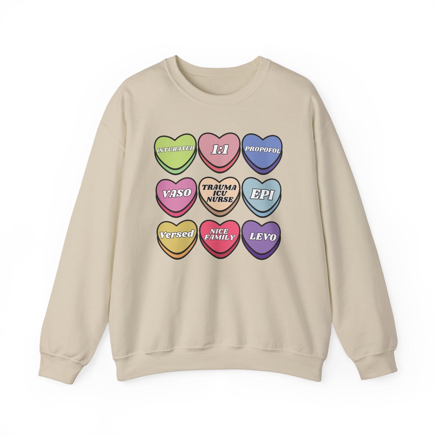 Funny Trauma ICU Nurse Valentine’s Day Sweatshirt, Cute Candy Heart NICU Sayings, match your coworkers this Valentine’s Day