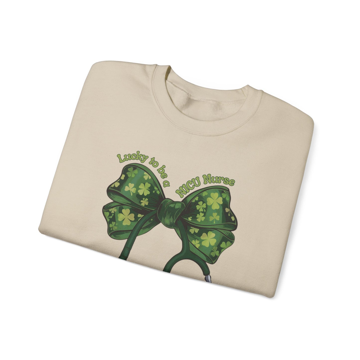 Lucky to be a PICU Nurse St. Patricks Day Sweatshirt Coquette Bow Stethoscope, RN sweatershirt, ER Nurse, NICU Nurse, PICU nurse, clover, lucky nurse sweatshirt.