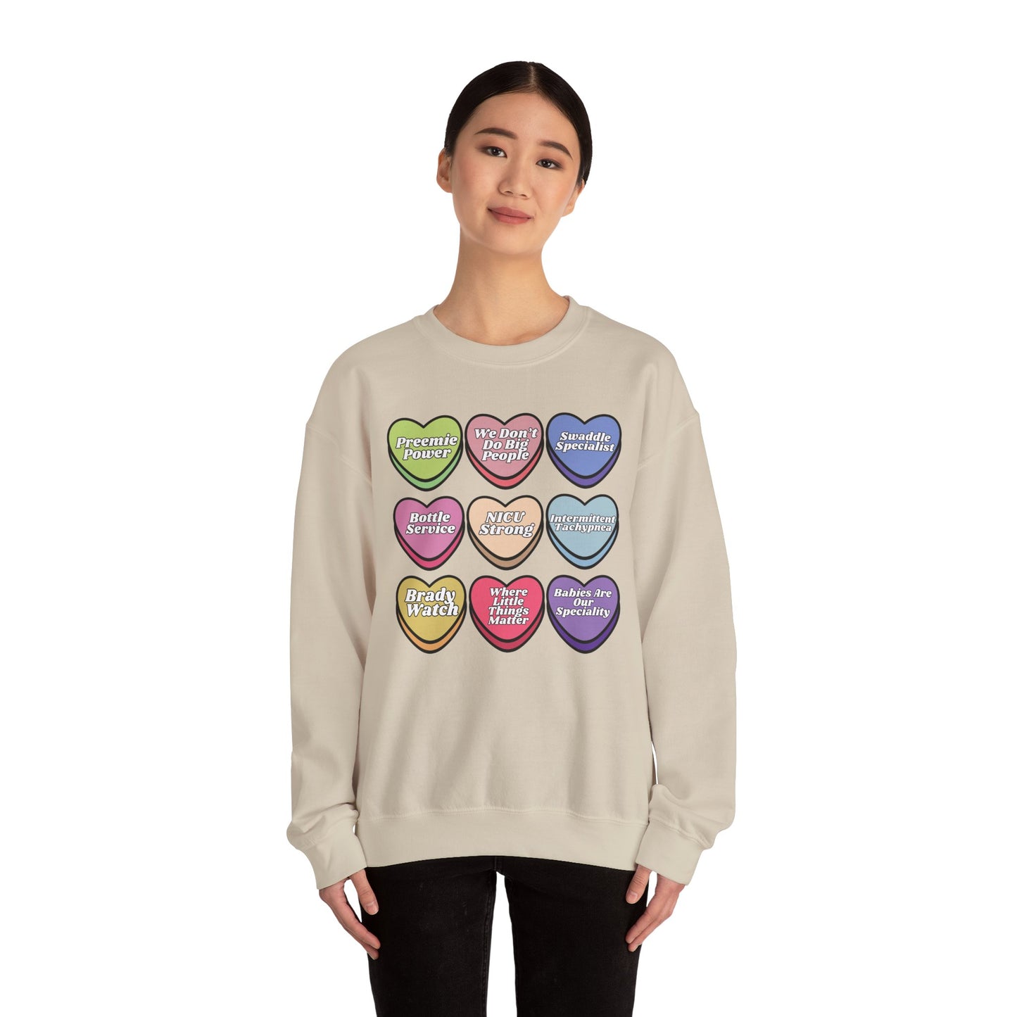 NICU Nurse Valentine’s Day Sweatshirt, Cute Candy Heart NICU Sayings, match your coworkers this Valentine’s Day
