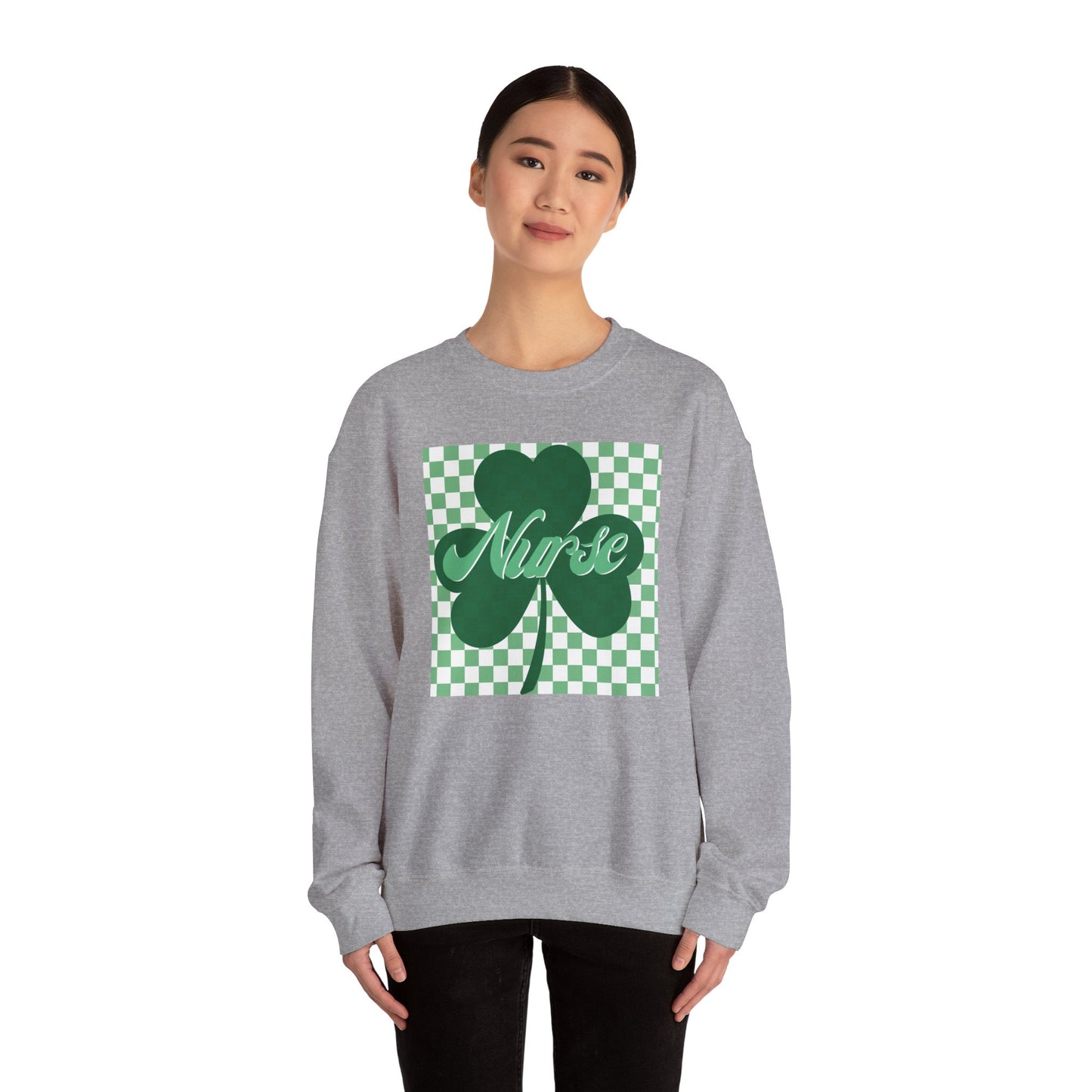 Retro Green Checkered Clover Nurse St. Patricks Clover Sweatshirt,  Heart RN, nurse, retro lucky nurse, ED RN Nurse St. Pattys Sweatshirt