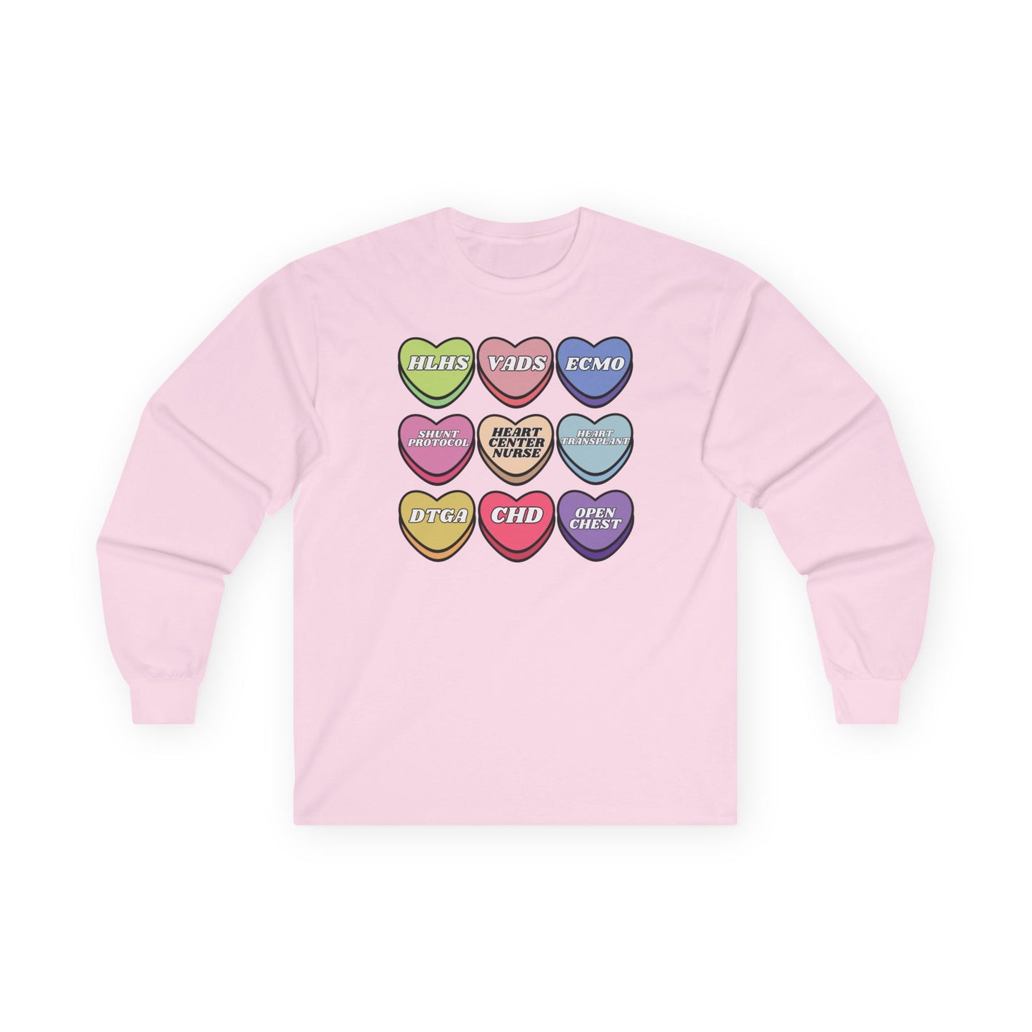 Heart Center Nurse Valentine’s Day Cotton Gildan Long Sleeve , Cute Candy Heart Sayings, match your coworkers this Valentine’s Day