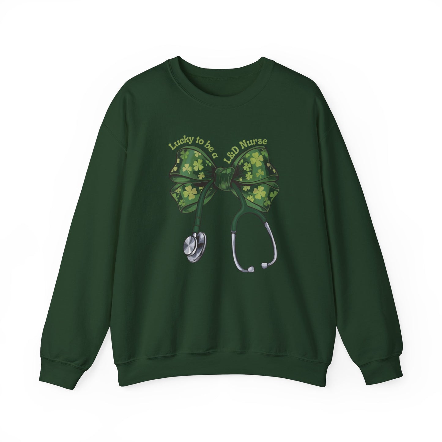 Lucky to be a Labor and Delivery Nurse St. Patricks Day Sweatshirt Coquette Bow Stethoscope, RN sweatershirt, ER Nurse, NICU Nurse, PICU nurse, clover, lucky nurse sweatshirt.